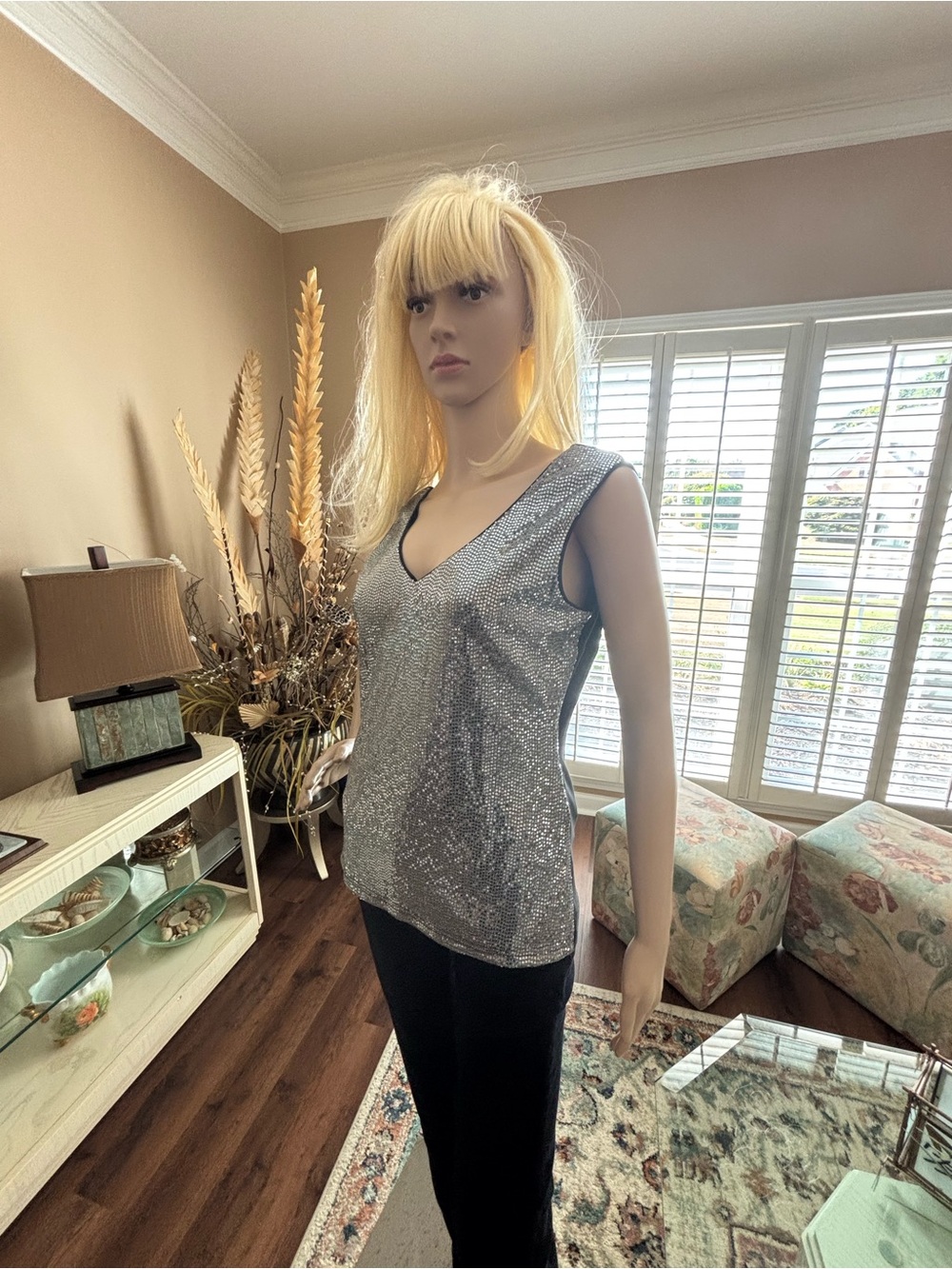 Joseph Ribkoff Silver Sequin V-Neck Tank